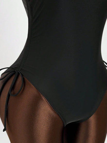 Women's Elegant Black Sleeveless Backless High Slit Short Bodysuit Swimsuit, Suitable For Beach And Pool, High Elasticity Fabric Vacation Summer