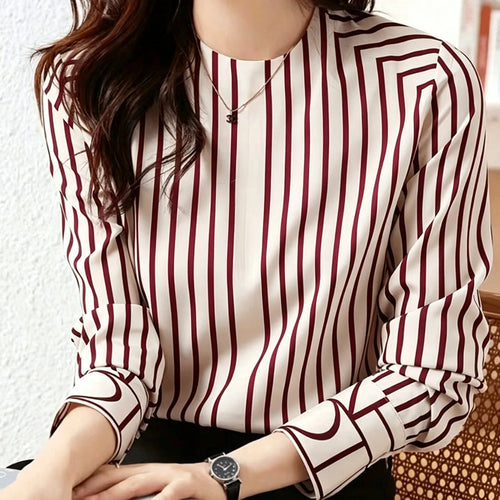 Women's Elegant Casual Long Sleeve Striped Shirt, Suitable Office, Holiday, Daily Wear, Airport, Spring/Autumn Black