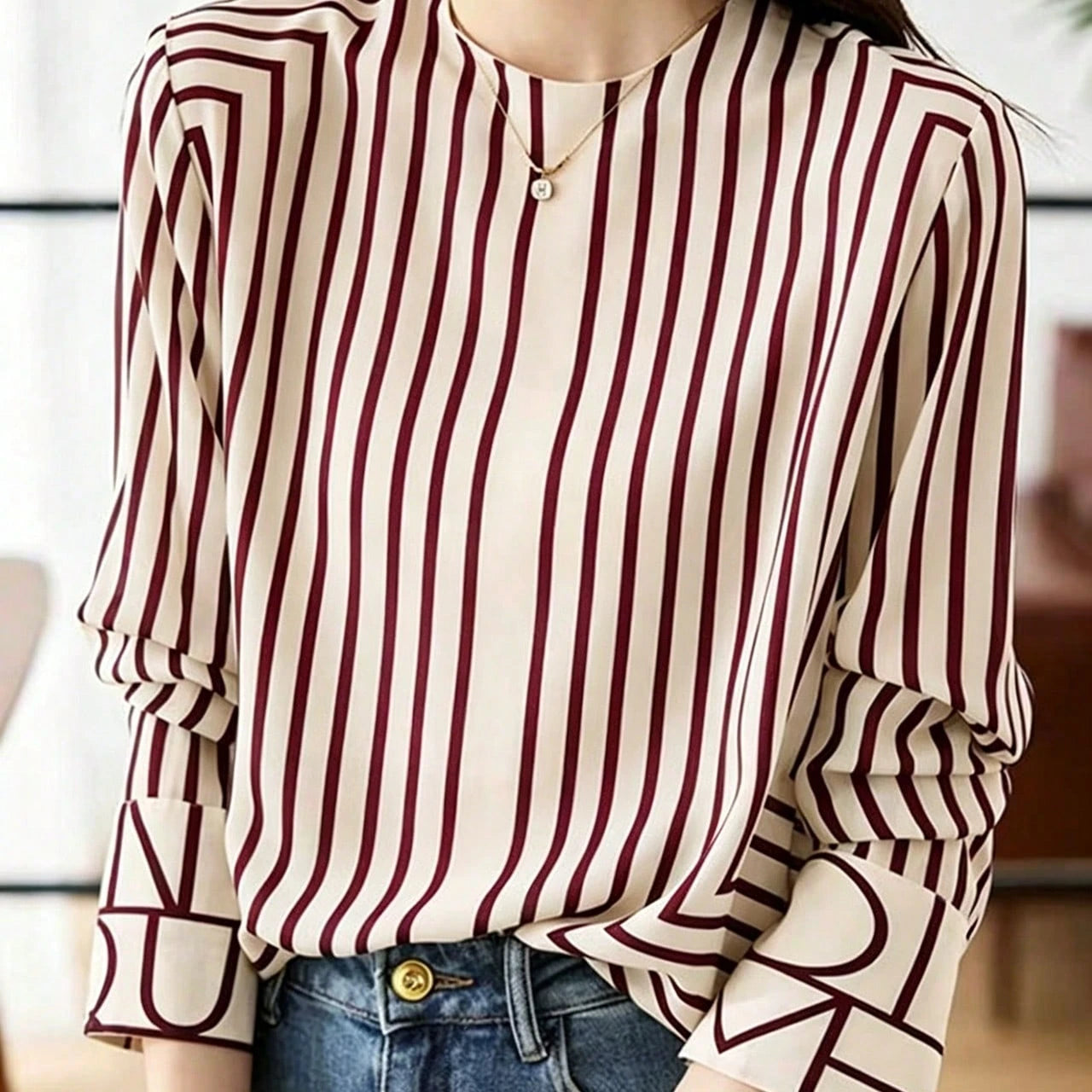 Women's Elegant Casual Long Sleeve Striped Shirt, Suitable Office, Holiday, Daily Wear, Airport, Spring/Autumn Black