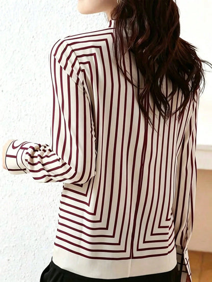 Women's Elegant Casual Long Sleeve Striped Shirt, Suitable Office, Holiday, Daily Wear, Airport, Spring/Autumn Black