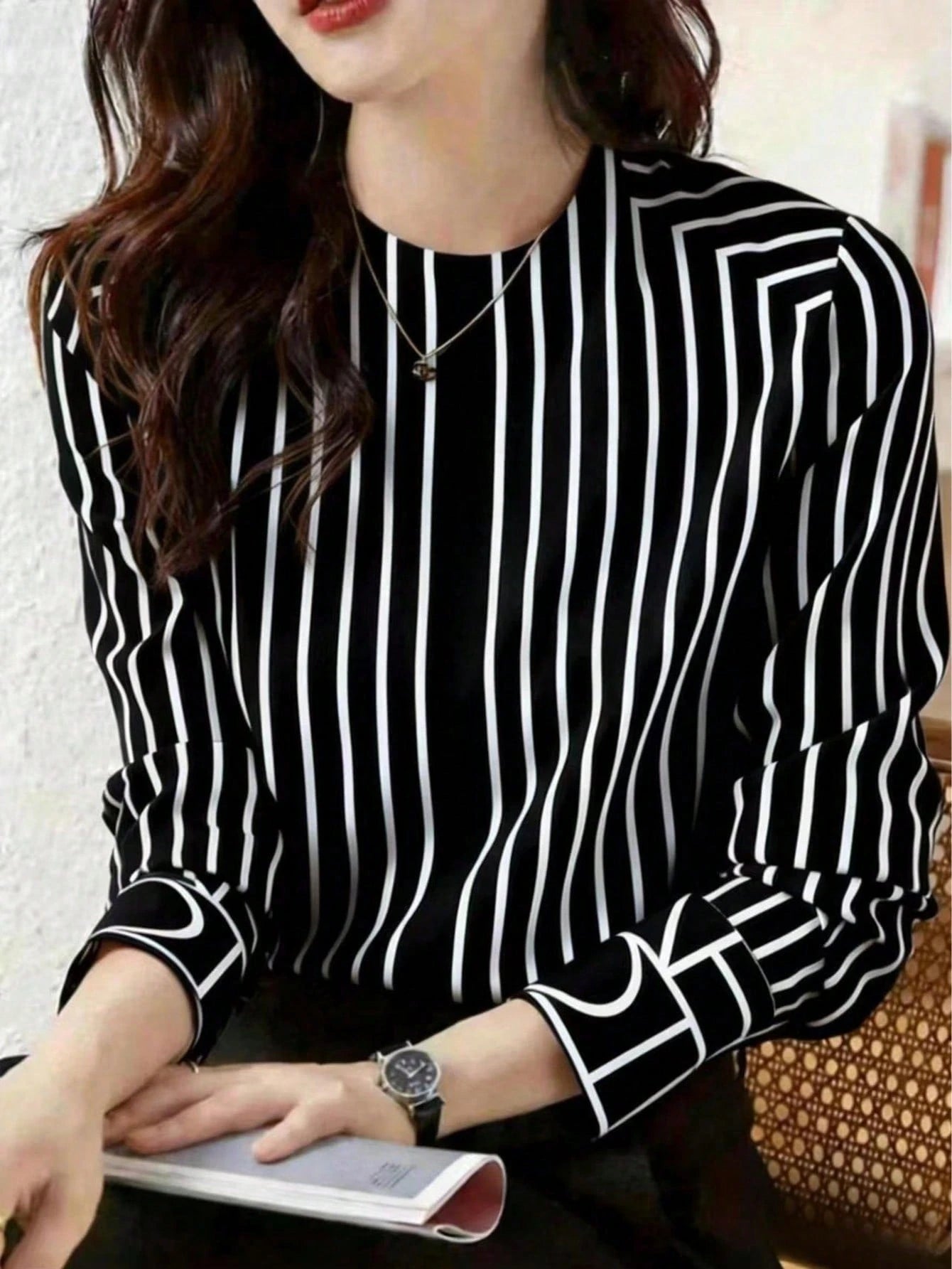 Women's Elegant Casual Long Sleeve Striped Shirt, Suitable Office, Holiday, Daily Wear, Airport, Spring/Autumn Black