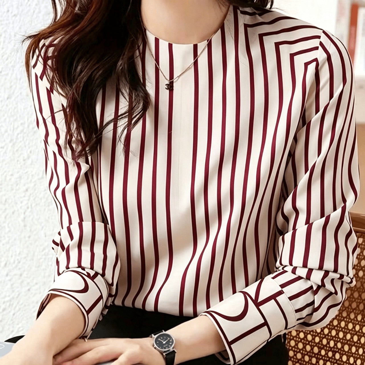 Women's Elegant Casual Long Sleeve Striped Shirt, Suitable Office, Holiday, Daily Wear, Airport, Spring/Autumn Black