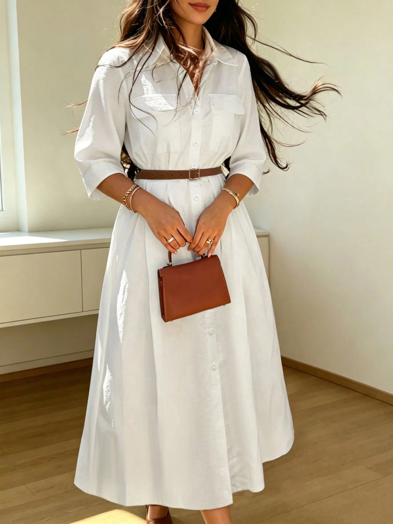 Women's Elegant Casual Solid Color Lapel Belted Shirt Dress Minimalist Everyday Dress White