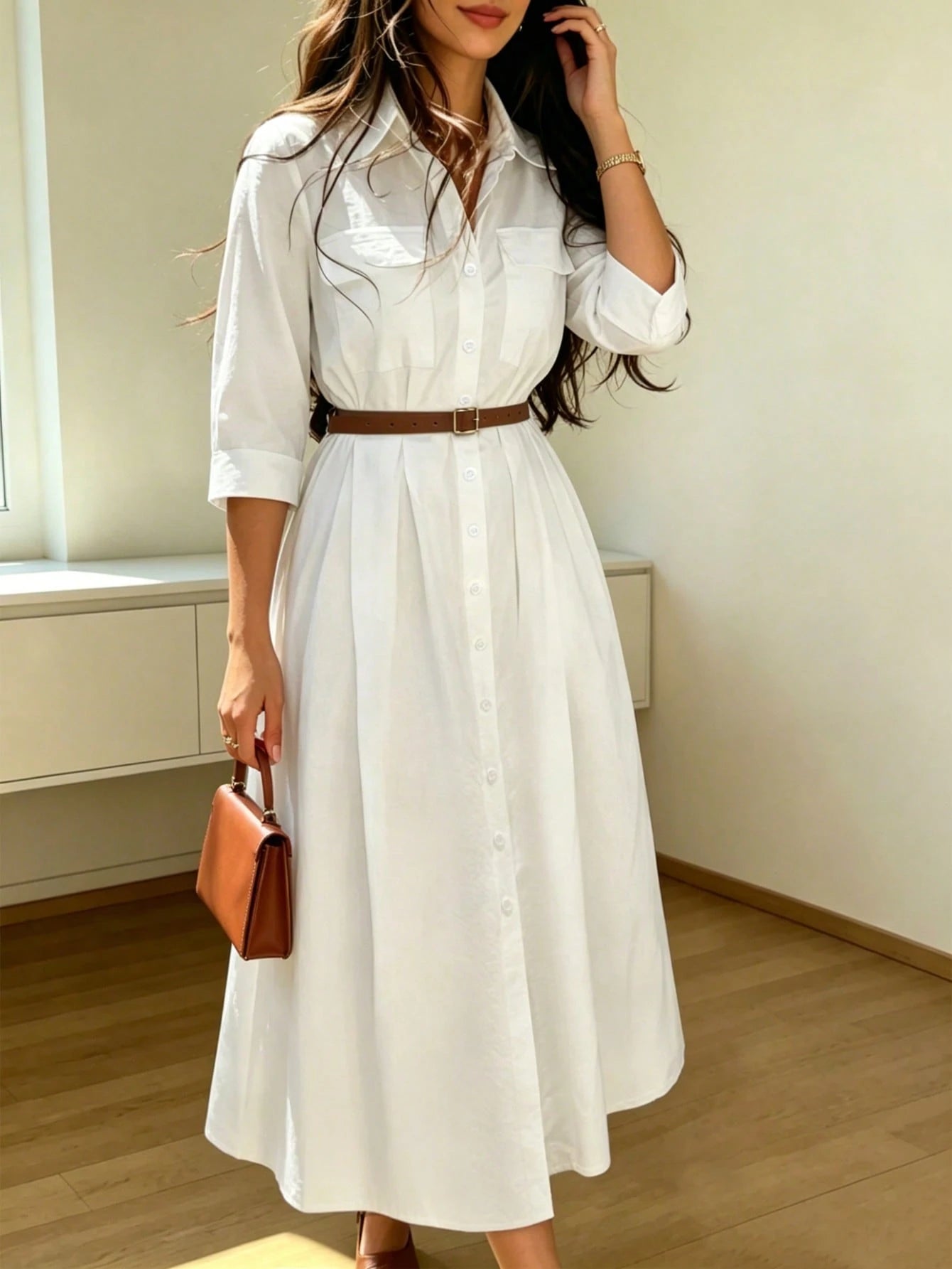 Women's Elegant Casual Solid Color Lapel Belted Shirt Dress Minimalist Everyday Dress White