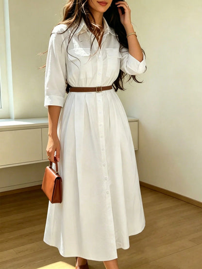 Women's Elegant Casual Solid Color Lapel Belted Shirt Dress Minimalist Everyday Dress White