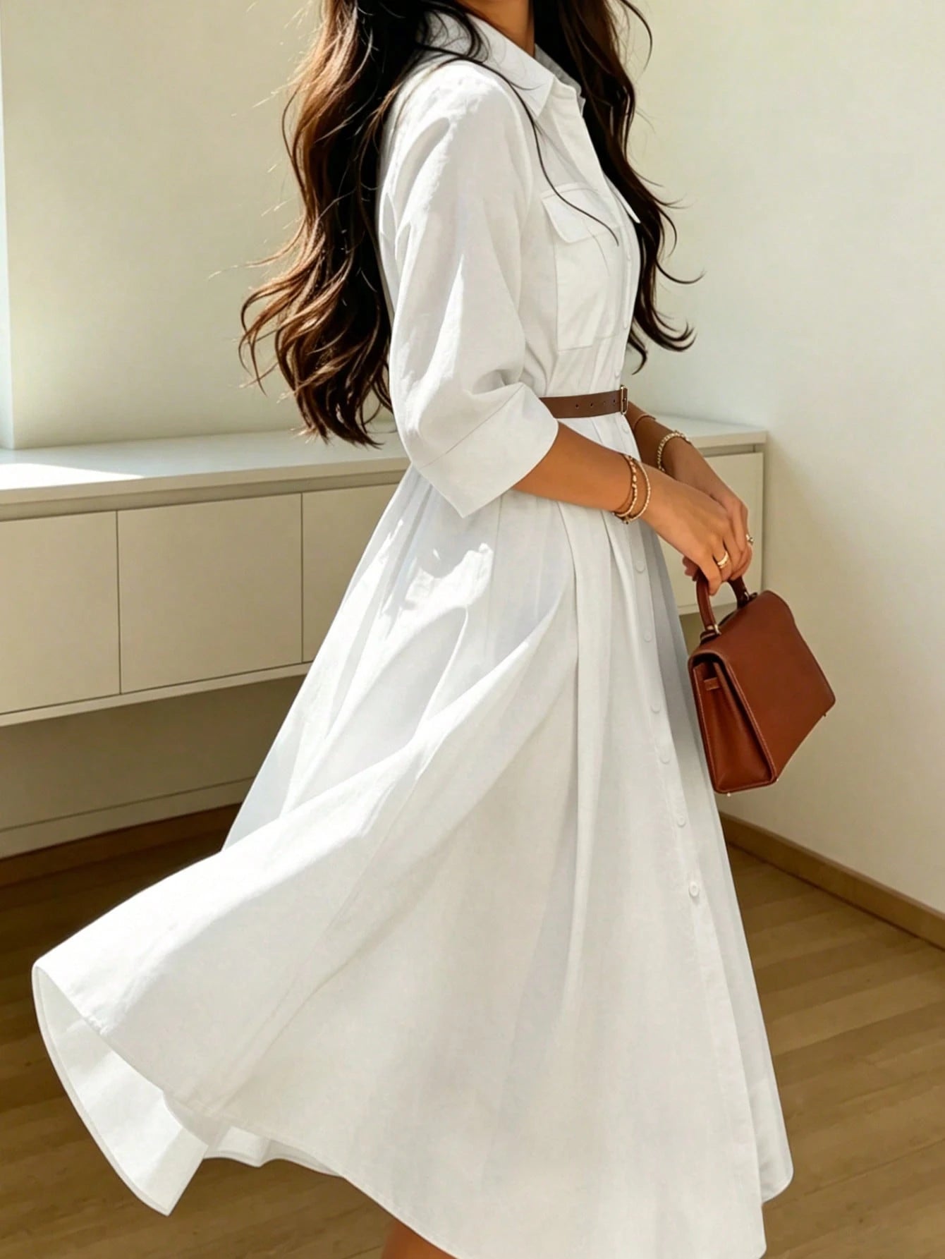 Women's Elegant Casual Solid Color Lapel Belted Shirt Dress Minimalist Everyday Dress White