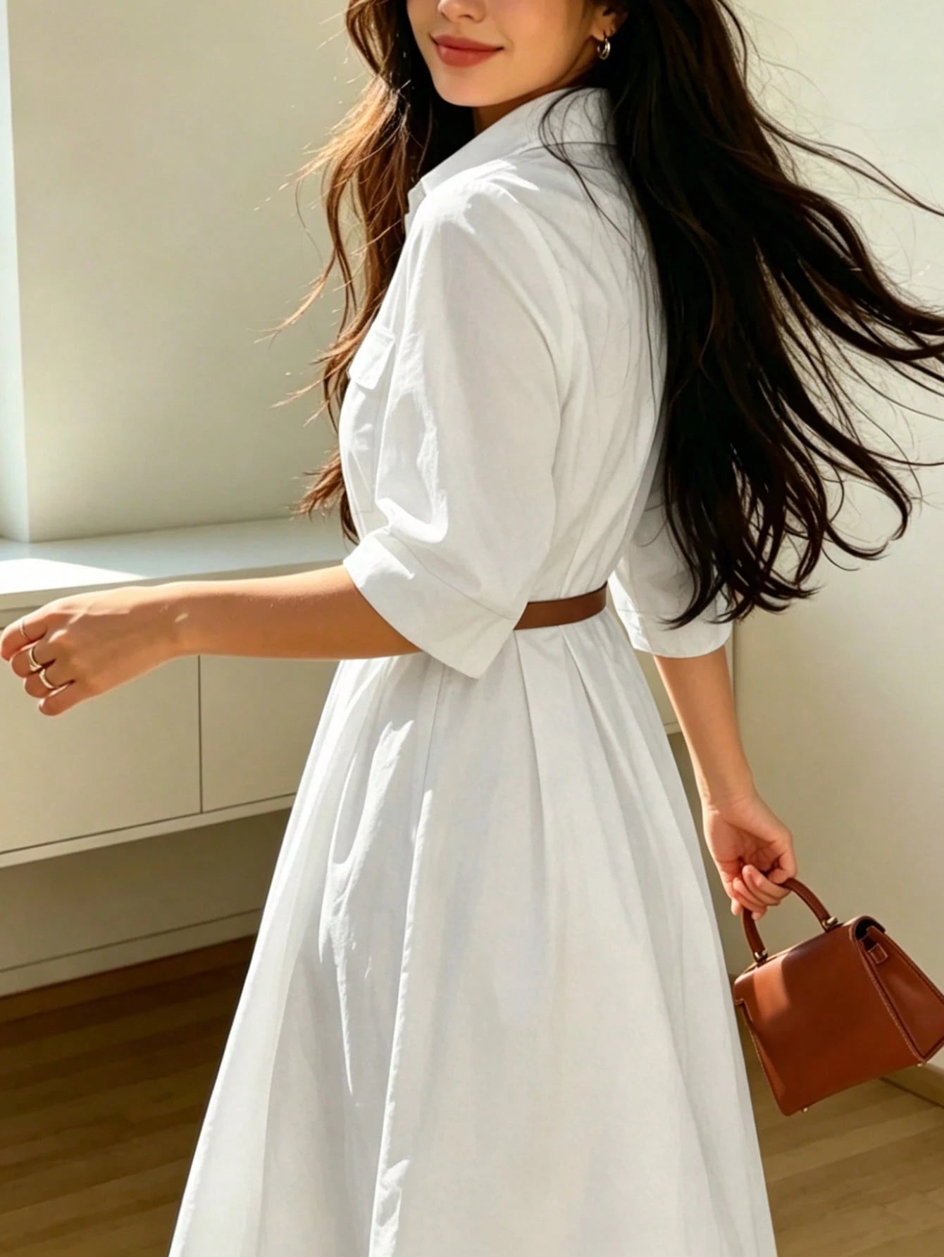 Women's Elegant Casual Solid Color Lapel Belted Shirt Dress Minimalist Everyday Dress White