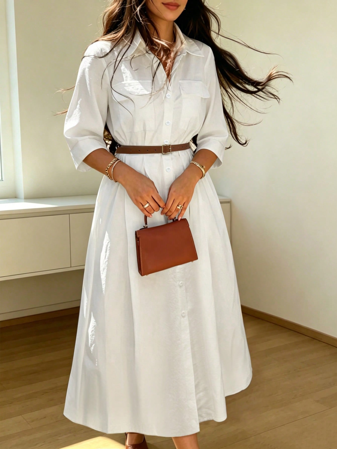 Women's Elegant Casual Solid Color Lapel Belted Shirt Dress Minimalist Everyday Dress White