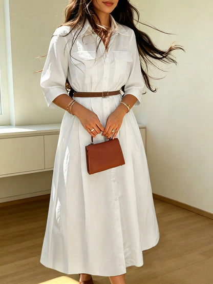 Women's Elegant Casual Solid Color Lapel Belted Shirt Dress Minimalist Everyday Dress White