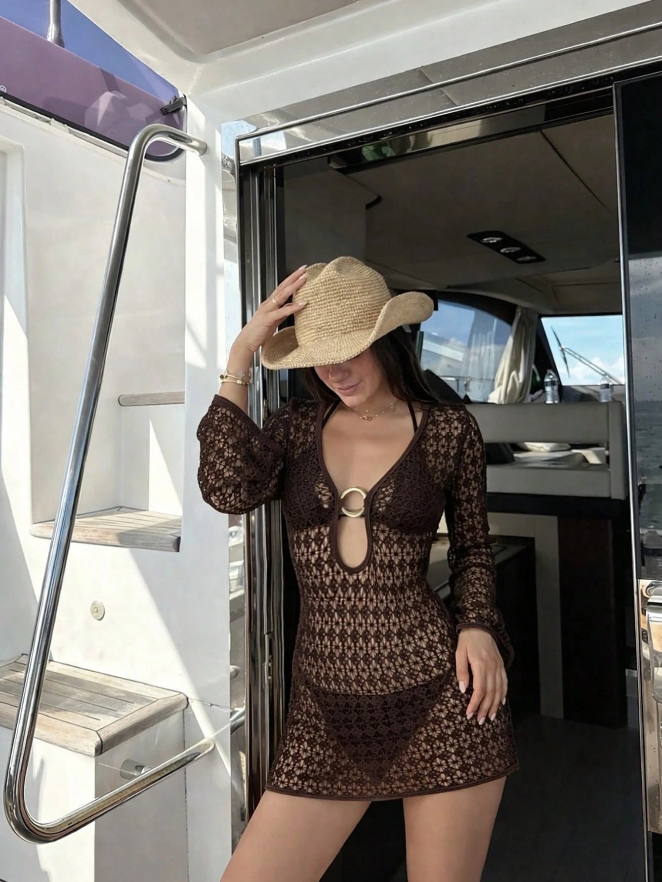 Women's Elegant Fashion Beach Vacation Solid Brown Tie Back Open Back 3-Piece Bikini Set Textured Fabric Dress Cover-Up Swimsuit For Spring Summer