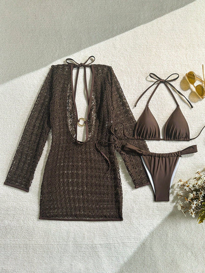 Women's Elegant Fashion Beach Vacation Solid Brown Tie Back Open Back 3-Piece Bikini Set Textured Fabric Dress Cover-Up Swimsuit For Spring Summer