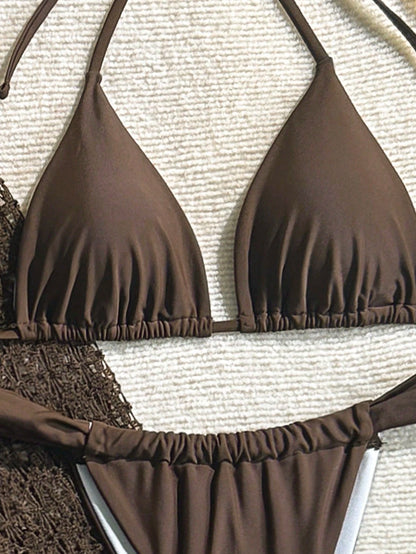 Women's Elegant Fashion Beach Vacation Solid Brown Tie Back Open Back 3-Piece Bikini Set Textured Fabric Dress Cover-Up Swimsuit For Spring Summer