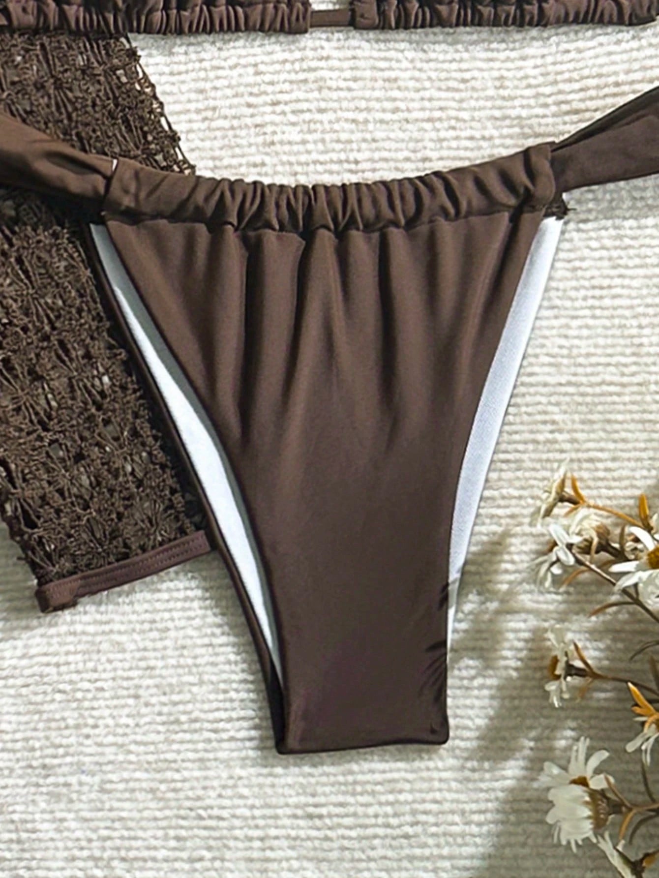 Women's Elegant Fashion Beach Vacation Solid Brown Tie Back Open Back 3-Piece Bikini Set Textured Fabric Dress Cover-Up Swimsuit For Spring Summer