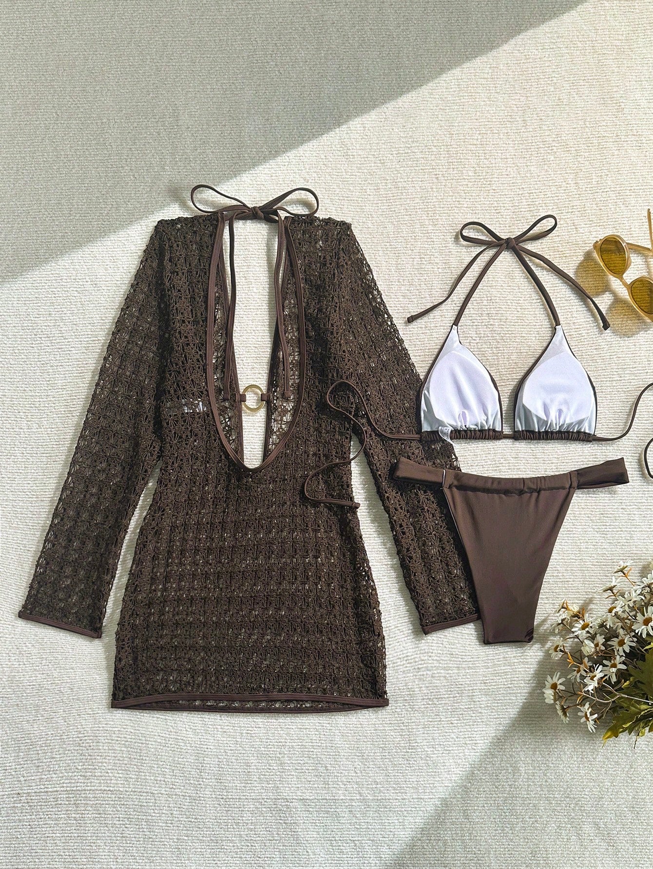 Women's Elegant Fashion Beach Vacation Solid Brown Tie Back Open Back 3-Piece Bikini Set Textured Fabric Dress Cover-Up Swimsuit For Spring Summer