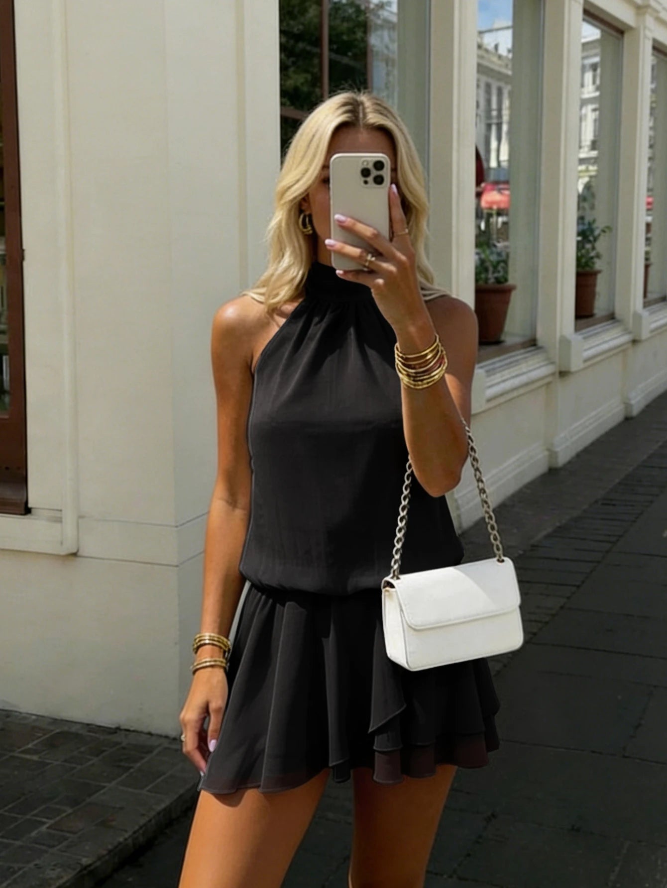 Women's Elegant Fashion Romantic Draped Neck Tie Backless Cowl Neck Mini Dress With Built-In Shorts Anti-Exposure Design, Aesthetic Summer Black