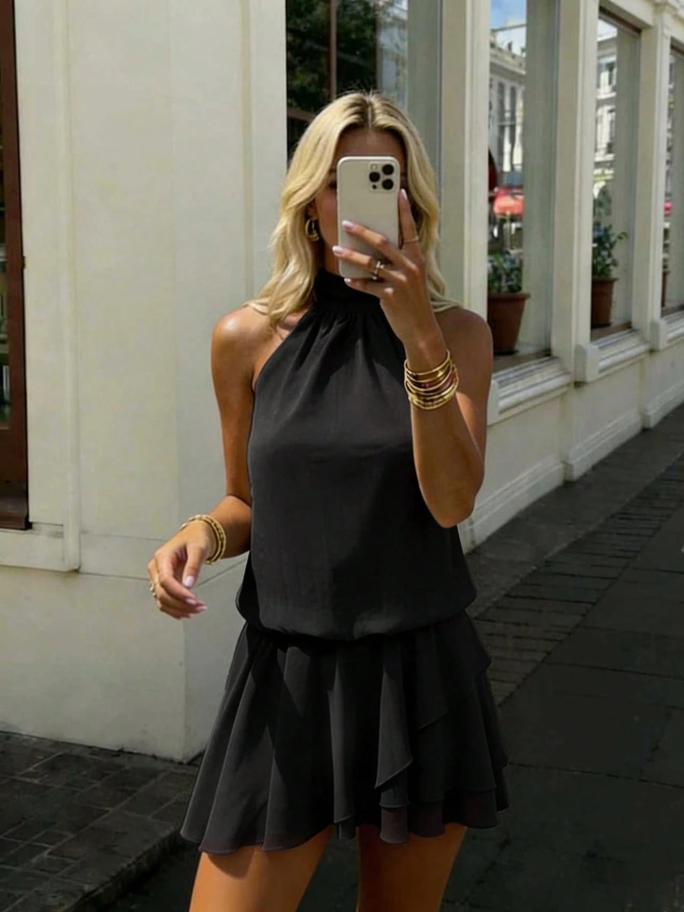 Women's Elegant Fashion Romantic Draped Neck Tie Backless Cowl Neck Mini Dress With Built-In Shorts Anti-Exposure Design, Aesthetic Summer Black