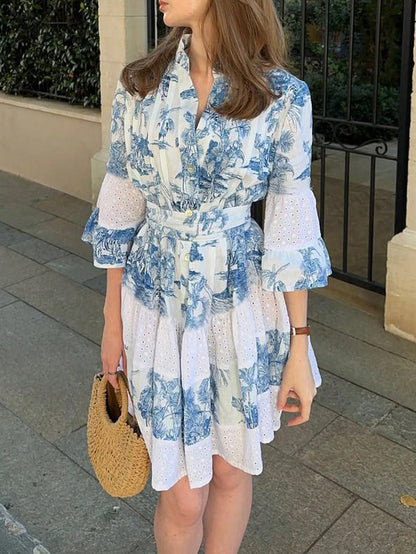 Women's Elegant French V-Neck Half Sleeve Printed Striped Lace Patchwork Belted Dress, Suitable For Summer, Easter, Mother's Day, Beach, Vacation