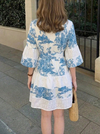 Women's Elegant French V-Neck Half Sleeve Printed Striped Lace Patchwork Belted Dress, Suitable For Summer, Easter, Mother's Day, Beach, Vacation