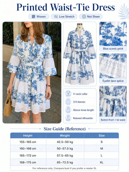 Women's Elegant French V-Neck Half Sleeve Printed Striped Lace Patchwork Belted Dress, Suitable For Summer, Easter, Mother's Day, Beach, Vacation