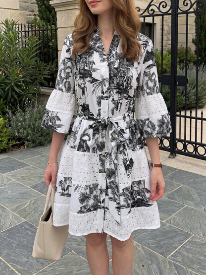 Women's Elegant French V-Neck Half Sleeve Printed Striped Lace Patchwork Belted Dress, Suitable For Summer, Easter, Mother's Day, Beach, Vacation
