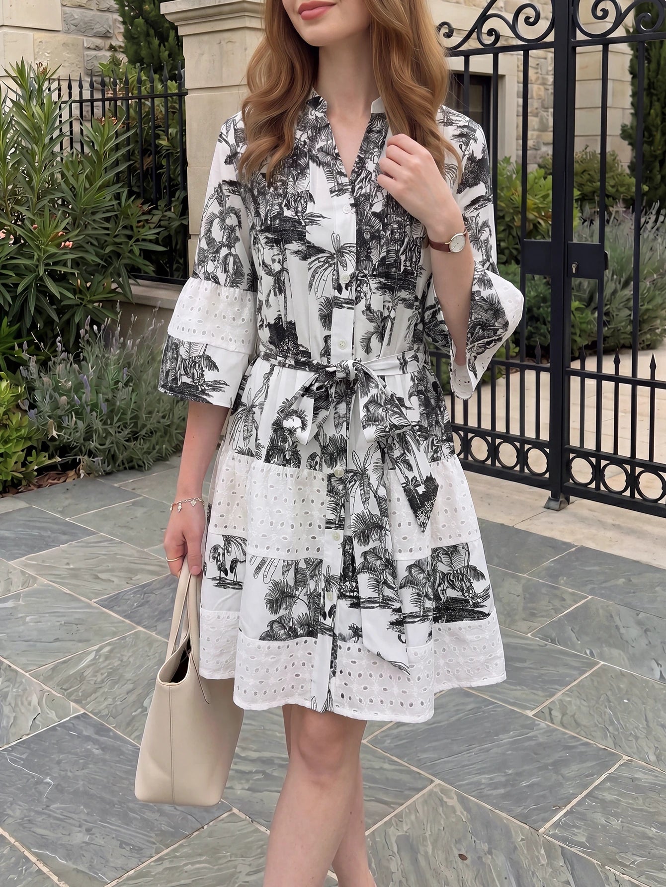 Women's Elegant French V-Neck Half Sleeve Printed Striped Lace Patchwork Belted Dress, Suitable For Summer, Easter, Mother's Day, Beach, Vacation