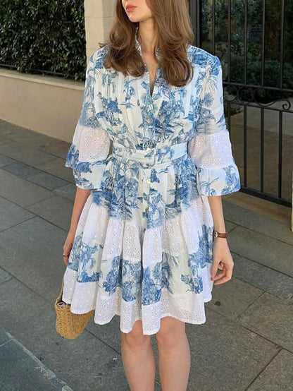Women's Elegant French V-Neck Half Sleeve Printed Striped Lace Patchwork Belted Dress, Suitable For Summer, Easter, Mother's Day, Beach, Vacation