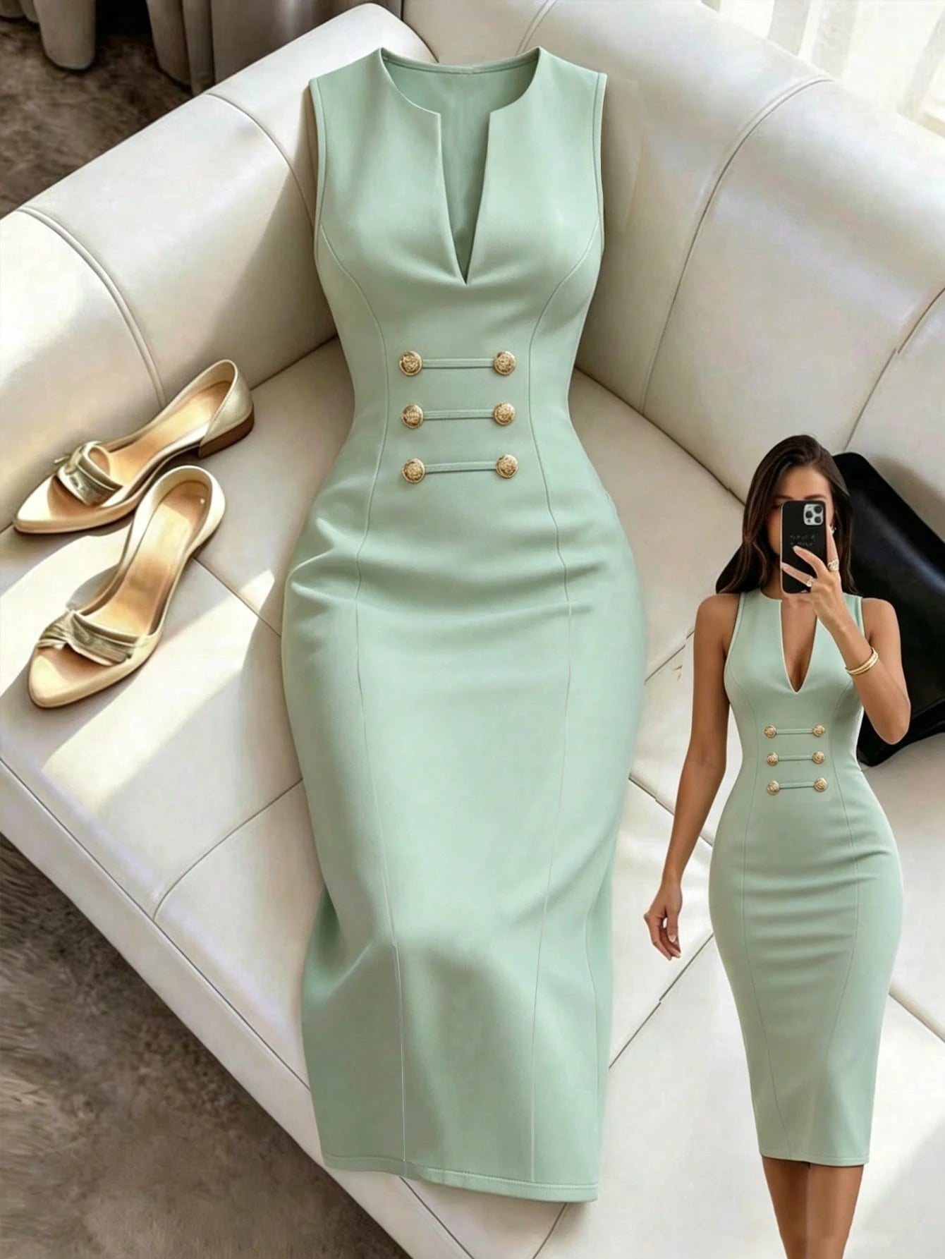 Women's Elegant Mature Mint Green V-Neck Fitted Sleeveless Dress, Summer Office Brunch Work Style With Metallic Trim And A Slit, Teachers' Day