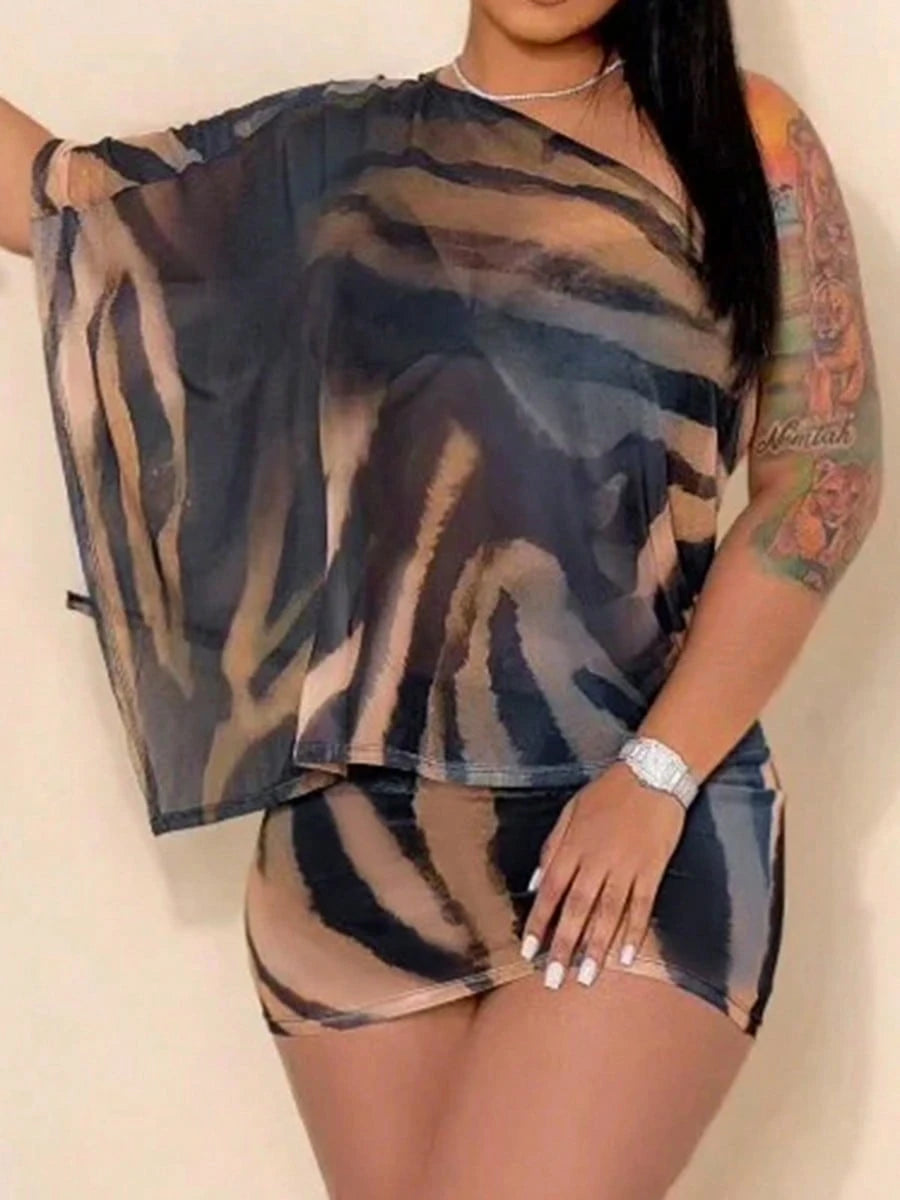 Women's Elegant Party Wine Red 2 Pieces Set, Asymmetric Neckline Semi-Sheer Top Paired With Zebra Print Skirt Vacation Summer
