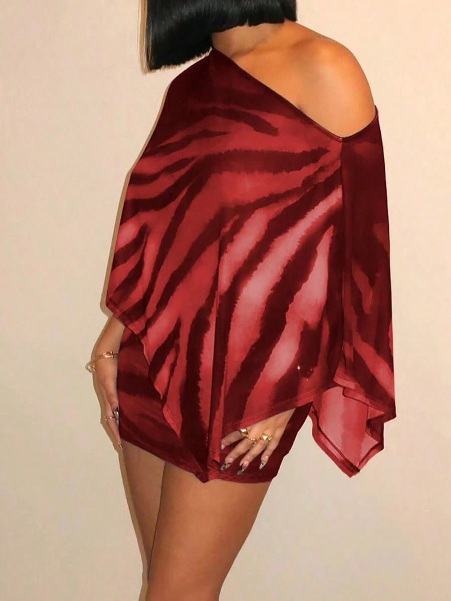 Women's Elegant Party Wine Red 2 Pieces Set, Asymmetric Neckline Semi-Sheer Top Paired With Zebra Print Skirt Vacation Summer