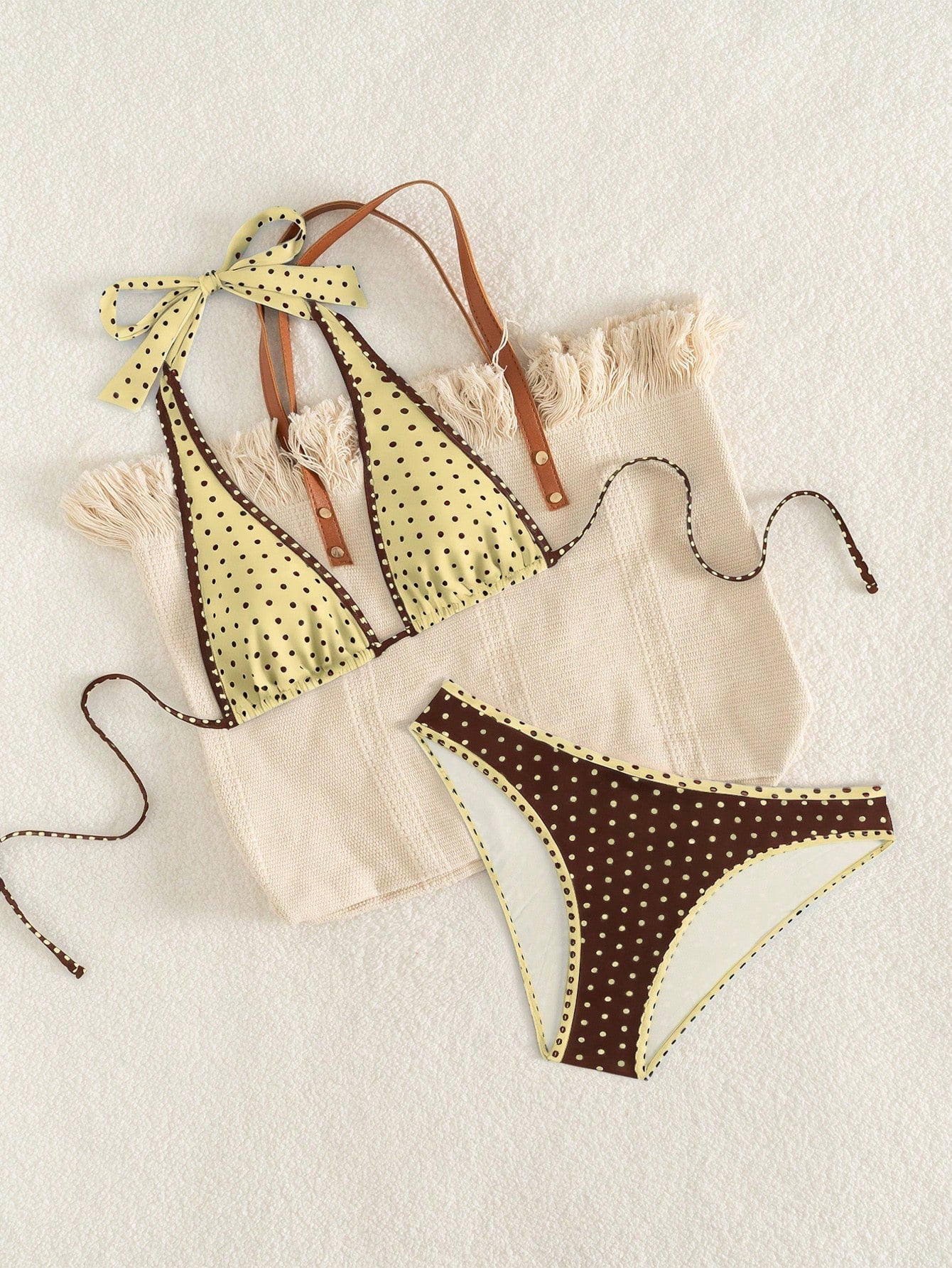 Women's Elegant Polka Dot Sports Casual Bikini Set, Triangle Cup Halter V-Neck Backless Tie-Back Contrast Trim High-Cut Bottoms Vacation Beach Summer