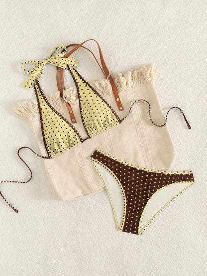 Women's Elegant Polka Dot Sports Casual Bikini Set, Triangle Cup Halter V-Neck Backless Tie-Back Contrast Trim High-Cut Bottoms Vacation Beach Summer
