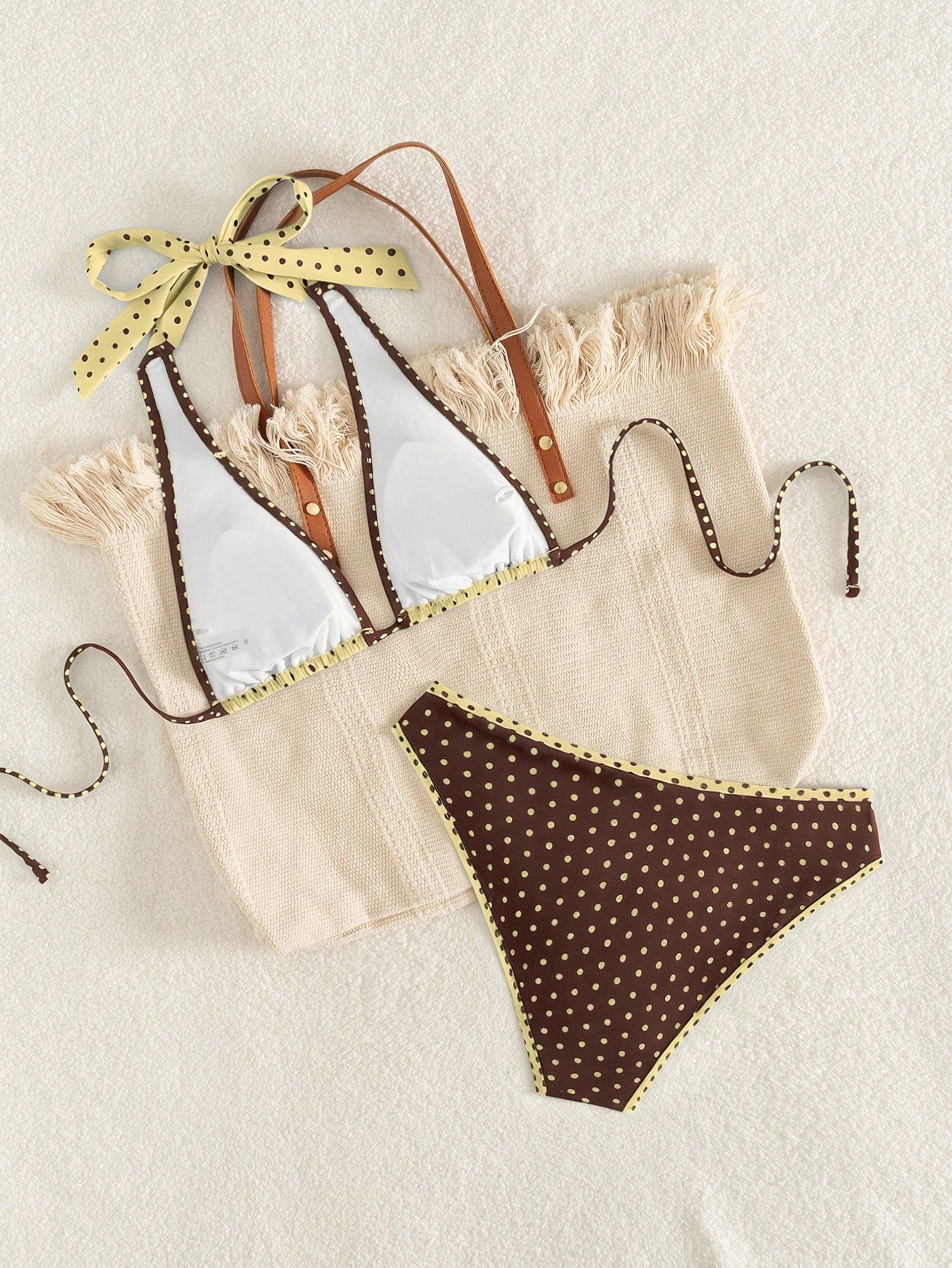 Women's Elegant Polka Dot Sports Casual Bikini Set, Triangle Cup Halter V-Neck Backless Tie-Back Contrast Trim High-Cut Bottoms Vacation Beach Summer