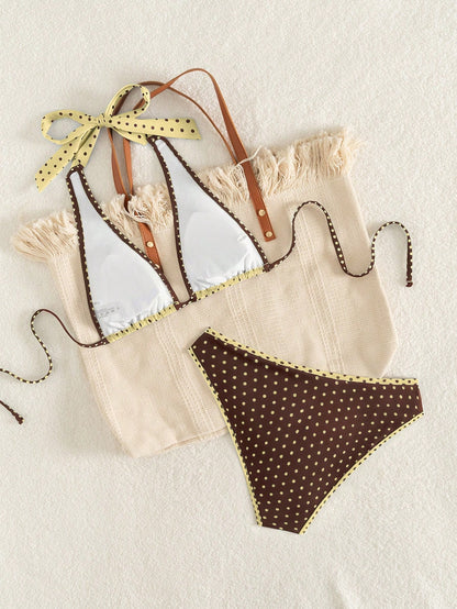 Women's Elegant Polka Dot Sports Casual Bikini Set, Triangle Cup Halter V-Neck Backless Tie-Back Contrast Trim High-Cut Bottoms Vacation Beach Summer