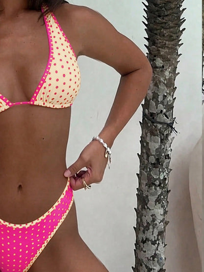 Women's Elegant Polka Dot Sports Casual Bikini Set, Triangle Cup Halter V-Neck Backless Tie-Back Contrast Trim High-Cut Bottoms Vacation Beach Summer, Resort Wear
