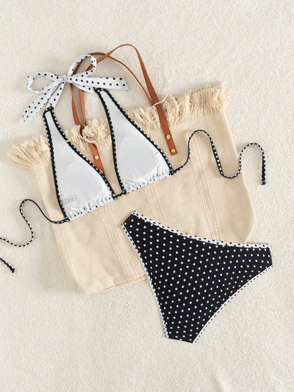 Women's Elegant Polka Dot Sports Casual Bikini Set, Triangle Cup Halter V-Neck Backless Tie-Back Contrast Trim High-Cut Bottoms Vacation Beach Summer, Resort Wear
