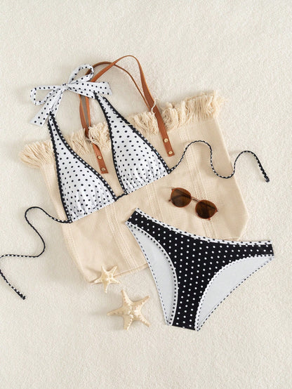 Women's Elegant Polka Dot Sports Casual Bikini Set, Triangle Cup Halter V-Neck Backless Tie-Back Contrast Trim High-Cut Bottoms Vacation Beach Summer, Resort Wear