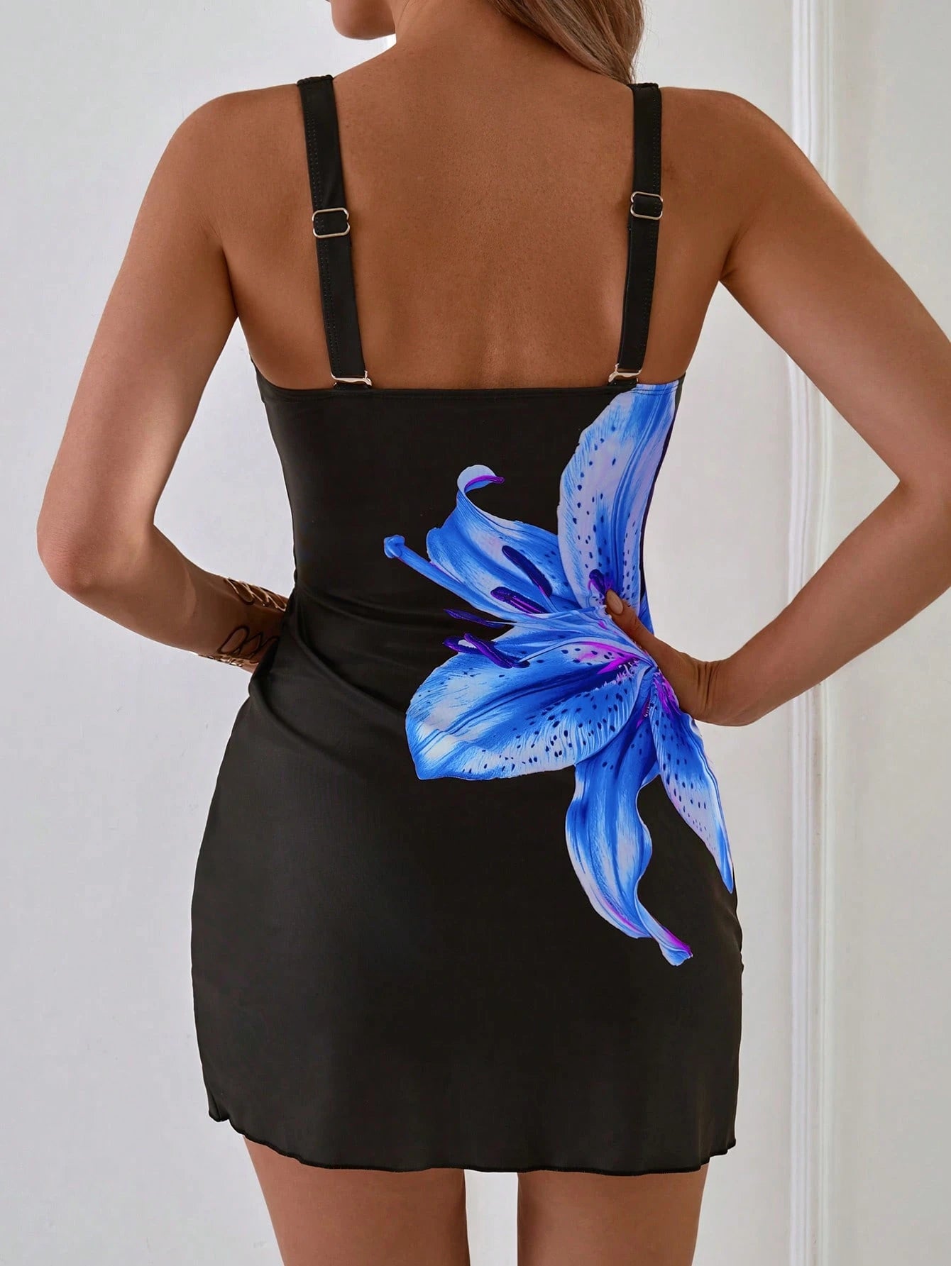 Women's Elegant Printed Side Drawstring Swimsuit Skirt & Plain High Waist Triangle Bikini Bottoms,Black Summer Casual Holiday Vacation Beach Outfits