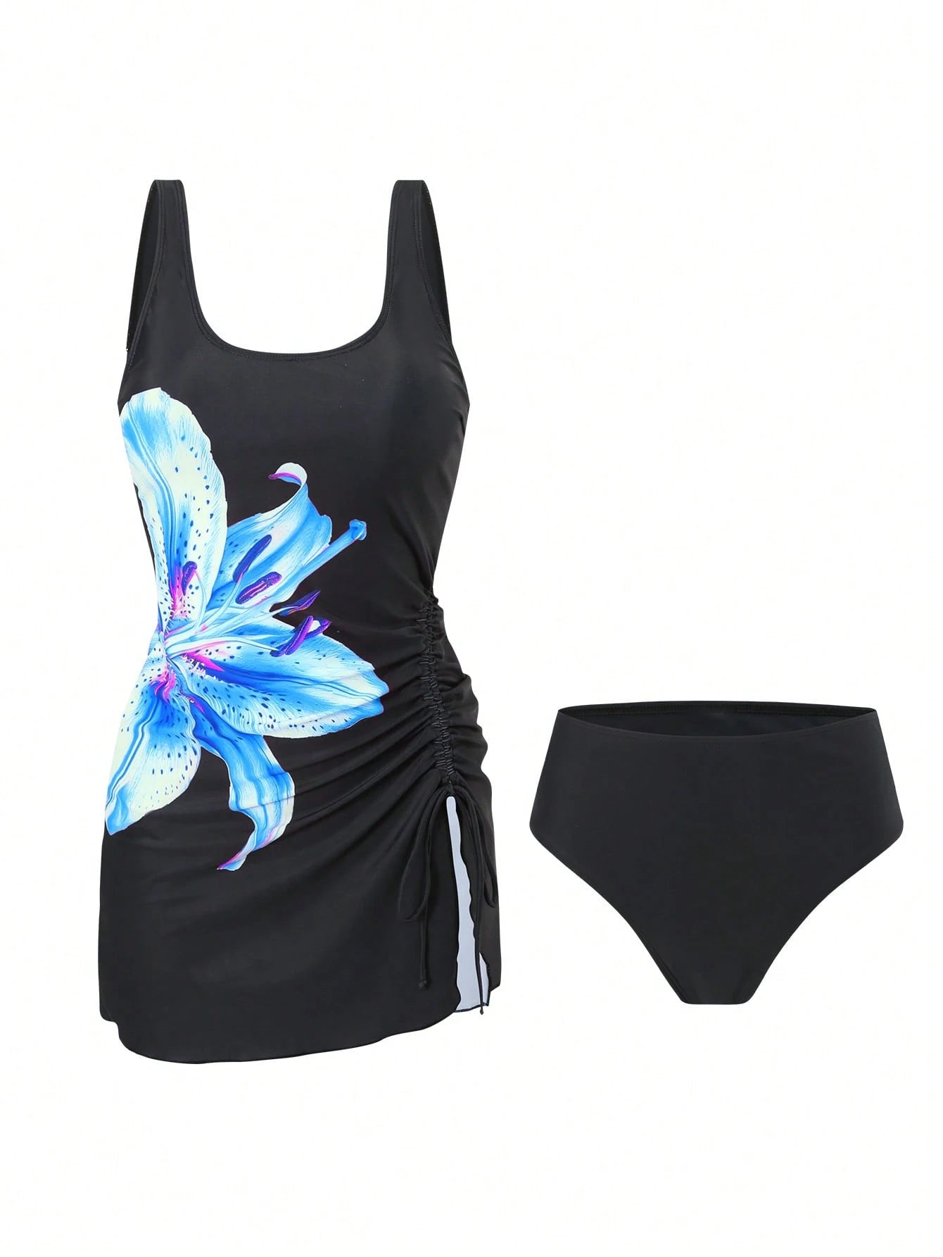 Women's Elegant Printed Side Drawstring Swimsuit Skirt & Plain High Waist Triangle Bikini Bottoms,Black Summer Casual Holiday Vacation Beach Outfits