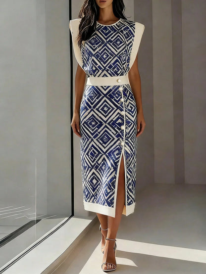 Women's Elegant Romantic Bohemian Vintage Geometric Sleeveless Round Neck Fitted Waist Zipper Back Slit Contrast Color Dress, Suitable For Spring And Summer
