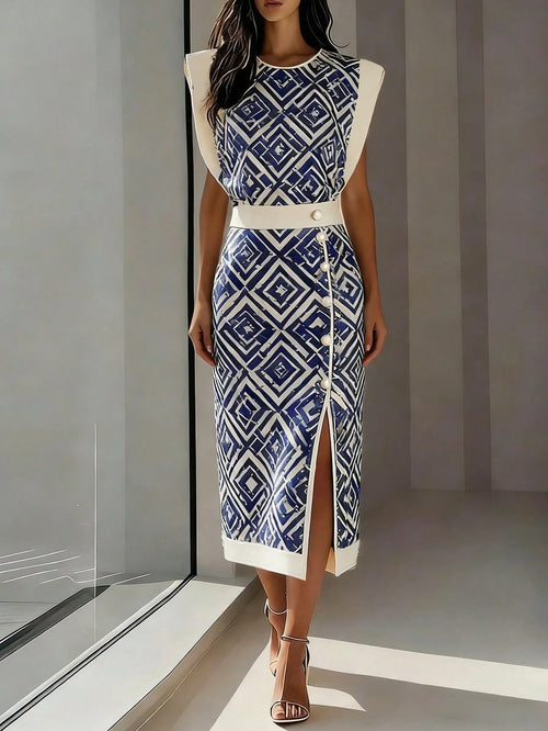 Women's Elegant Romantic Bohemian Vintage Geometric Sleeveless Round Neck Fitted Waist Zipper Back Slit Contrast Color Dress, Suitable For Spring And Summer