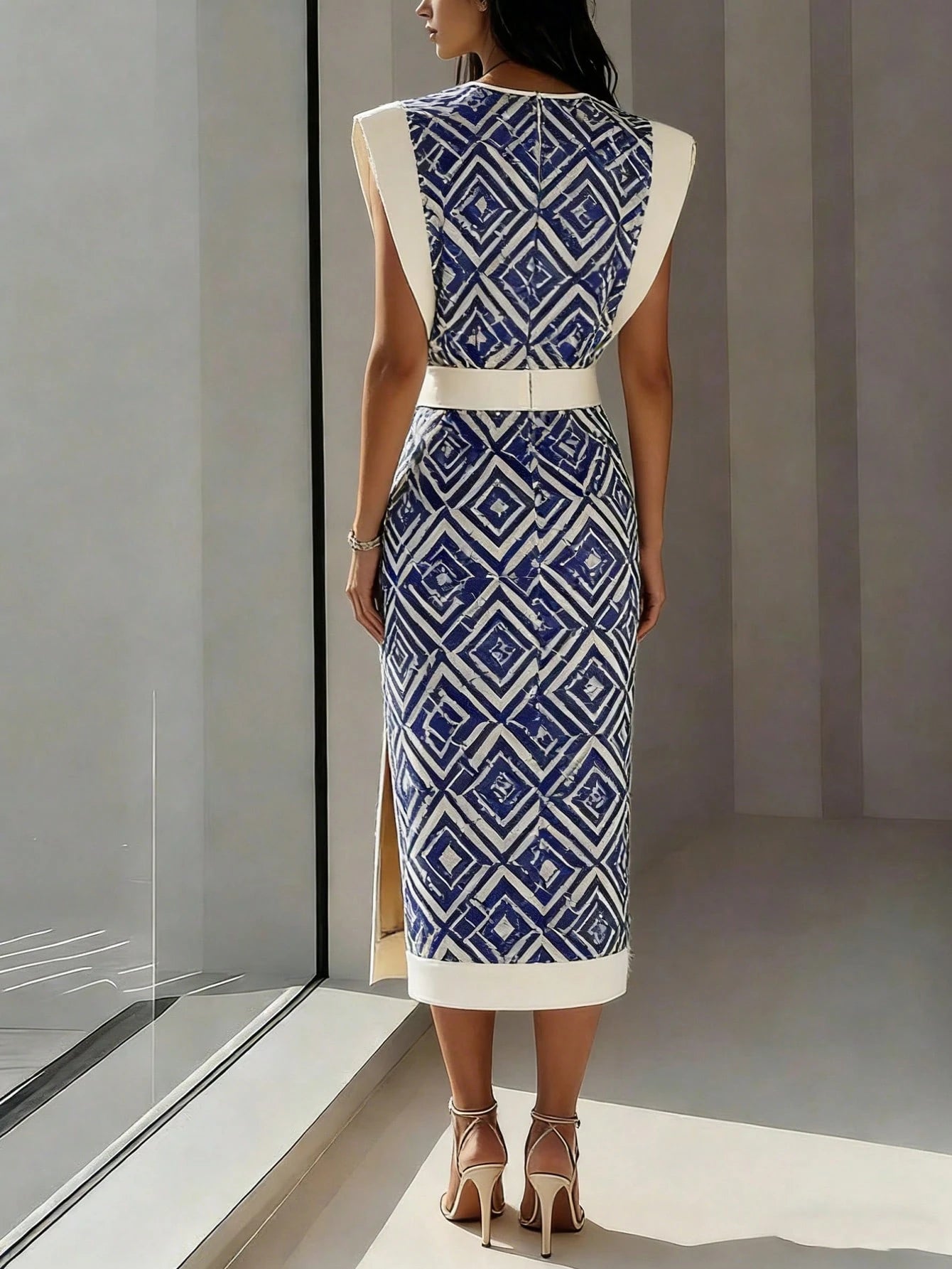 Women's Elegant Romantic Bohemian Vintage Geometric Sleeveless Round Neck Fitted Waist Zipper Back Slit Contrast Color Dress, Suitable For Spring And Summer