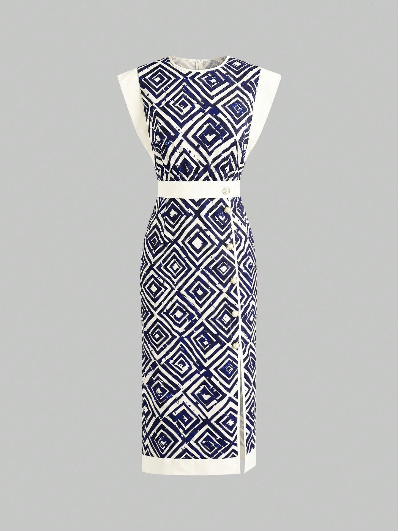 Women's Elegant Romantic Bohemian Vintage Geometric Sleeveless Round Neck Fitted Waist Zipper Back Slit Contrast Color Dress, Suitable For Spring And Summer