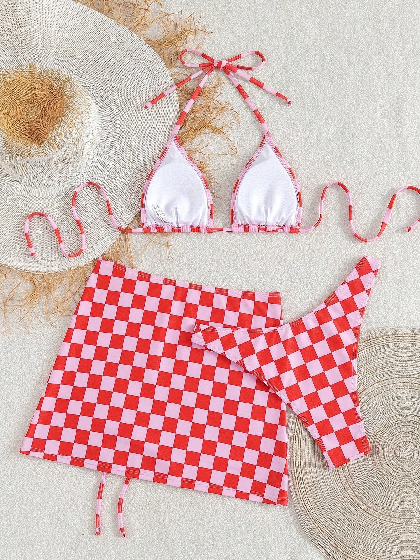 Women's Elegant Sexy Bohemian Checkerboard Pink Printed Halter Tie Back Beach Bikini Set With Coverup And Skirt, 3-Piece Summer Holiday Outfit Vacation