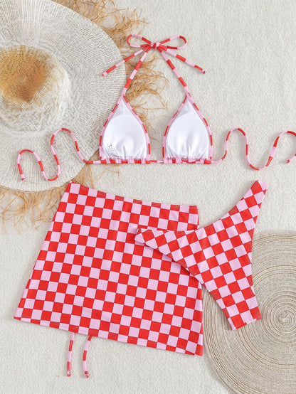Women's Elegant Sexy Bohemian Checkerboard Pink Printed Halter Tie Back Beach Bikini Set With Coverup And Skirt, 3-Piece Summer Holiday Outfit Vacation