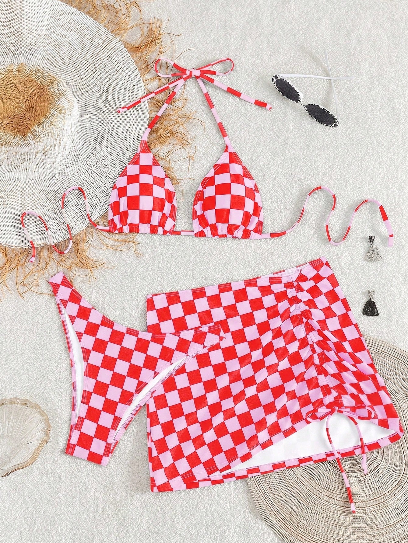 Women's Elegant Sexy Bohemian Checkerboard Pink Printed Halter Tie Back Beach Bikini Set With Coverup And Skirt, 3-Piece Summer Holiday Outfit Vacation