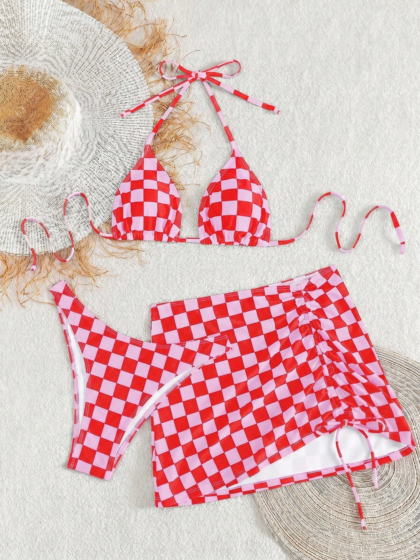 Women's Elegant Sexy Bohemian Checkerboard Pink Printed Halter Tie Back Beach Bikini Set With Coverup And Skirt, 3-Piece Summer Holiday Outfit Vacation