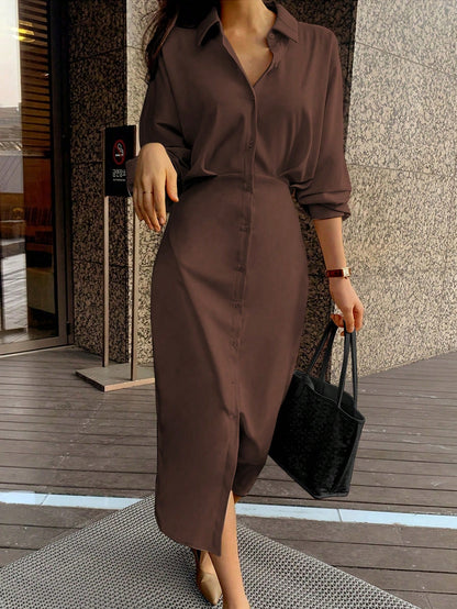 Women's Elegant Solid Color Shirt Dress, Long Sleeve Button Front Waist Cinched Split Hem Midi Dress, Office & Daily Wear