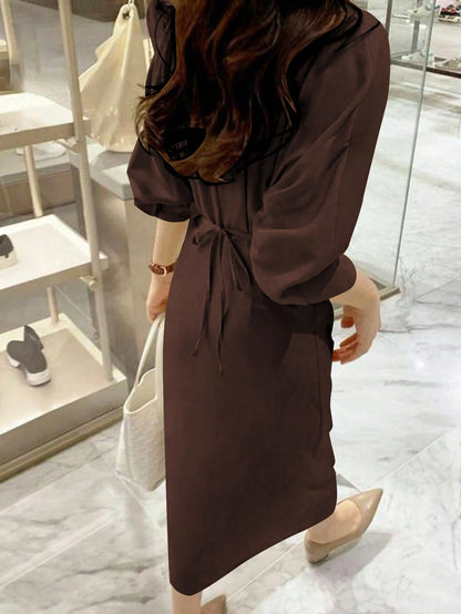 Women's Elegant Solid Color Shirt Dress, Long Sleeve Button Front Waist Cinched Split Hem Midi Dress, Office & Daily Wear