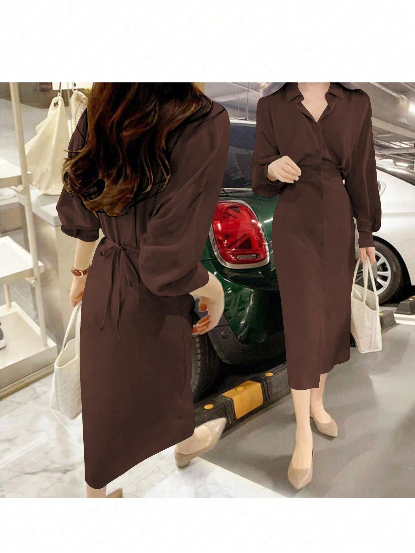 Women's Elegant Solid Color Shirt Dress, Long Sleeve Button Front Waist Cinched Split Hem Midi Dress, Office & Daily Wear