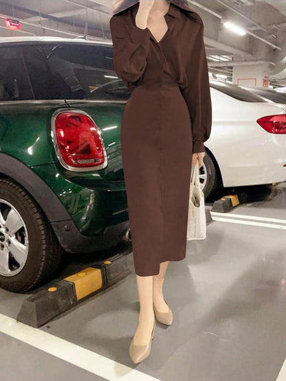 Women's Elegant Solid Color Shirt Dress, Long Sleeve Button Front Waist Cinched Split Hem Midi Dress, Office & Daily Wear